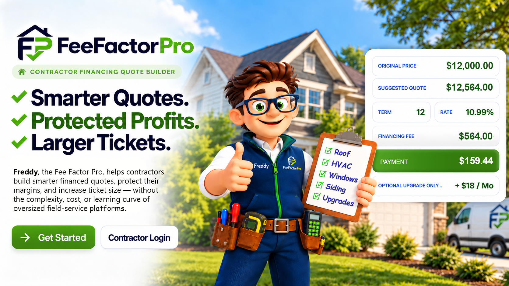 Freddy, the Fee Factor Pro, showing contractor quote benefits beside a FeeFactorPro financing example.